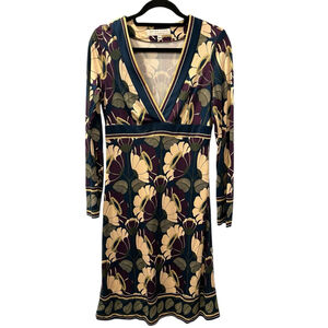 Trina Turk 100% Silk 3/4 Sleeves V-Neck Lined Dress Size 10 Floral Workplace